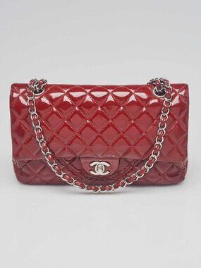 Chanel Red Quilted Patent Leather Classic Medium Double Flap Bag